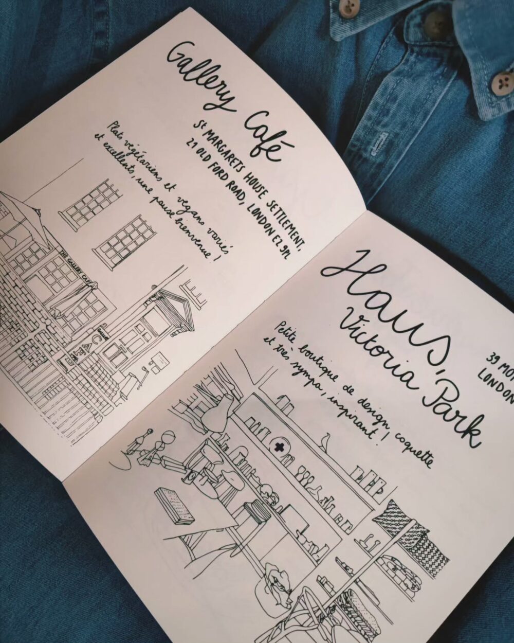 Double page illustrée du carnet "Londres" avec adresses et dessins de lieux emblématiques